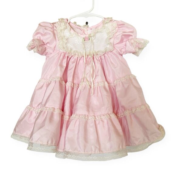 Martha’s Miniatures VTG Baby Girls Shiny Taffeta Dress Lace Pink Sz 12-18M Pink - Picture 1 of 9